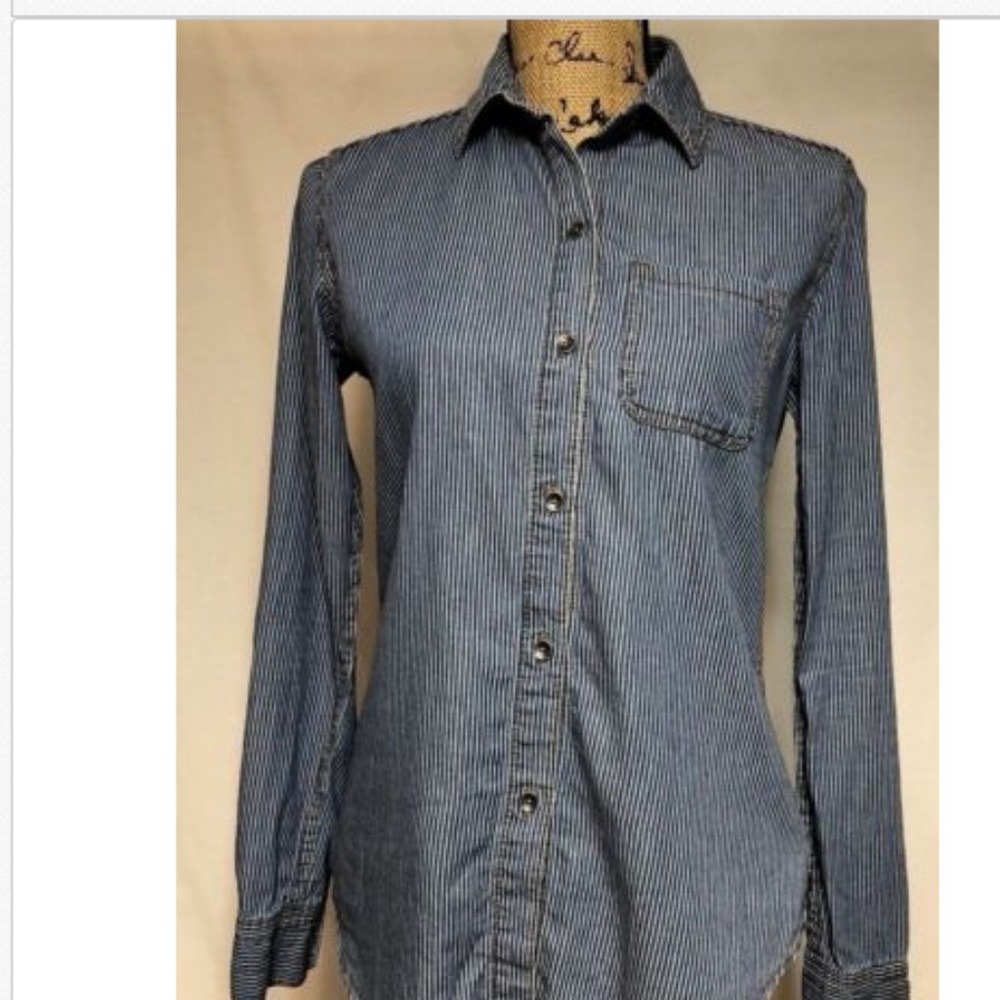 Seven 7 Blue Stripe Denim Button Down Shirt